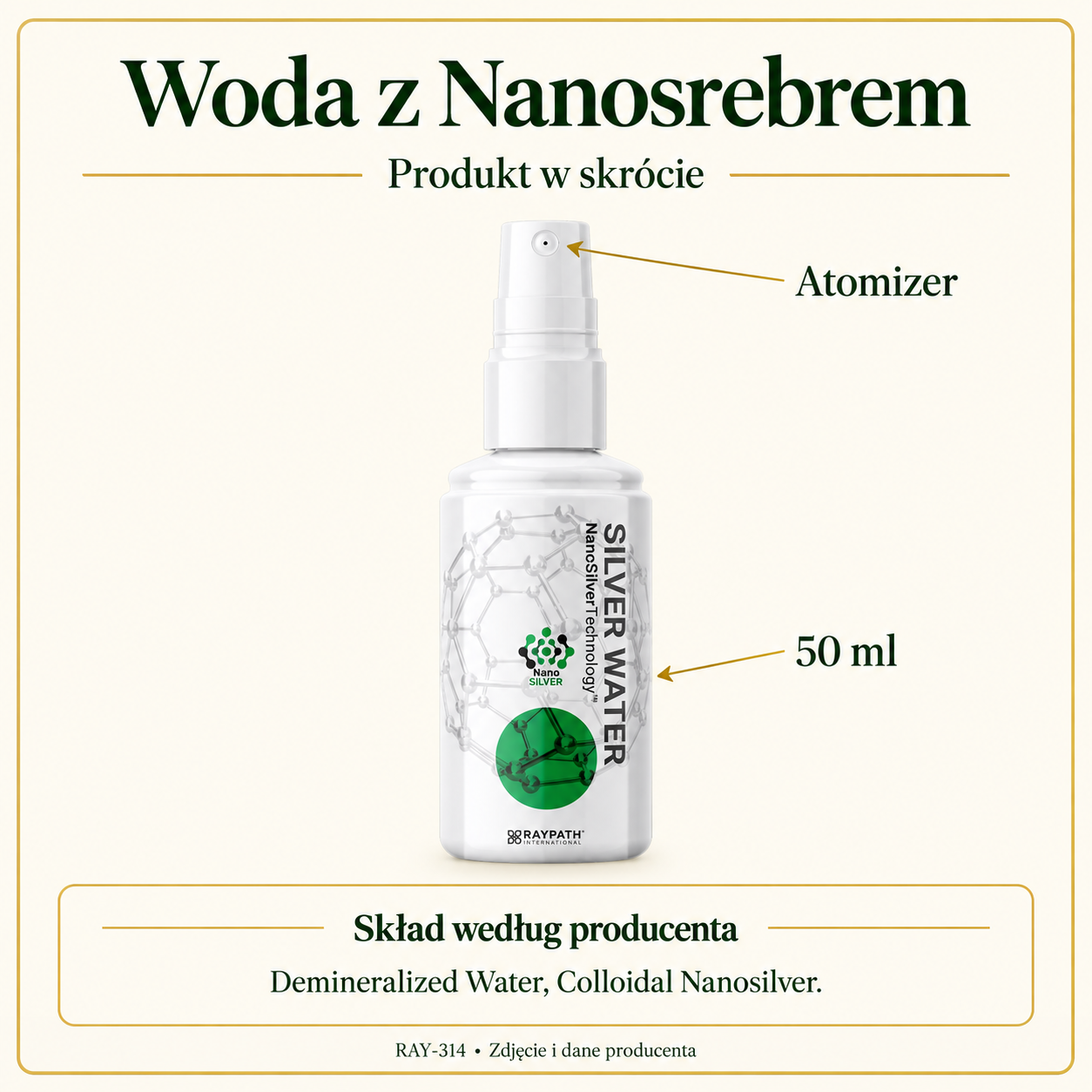 Water with Nanosilver 50ml: 50 ml, Demineralized Water, Colloidal Nanosilver. Graphic labelling the visible product components.