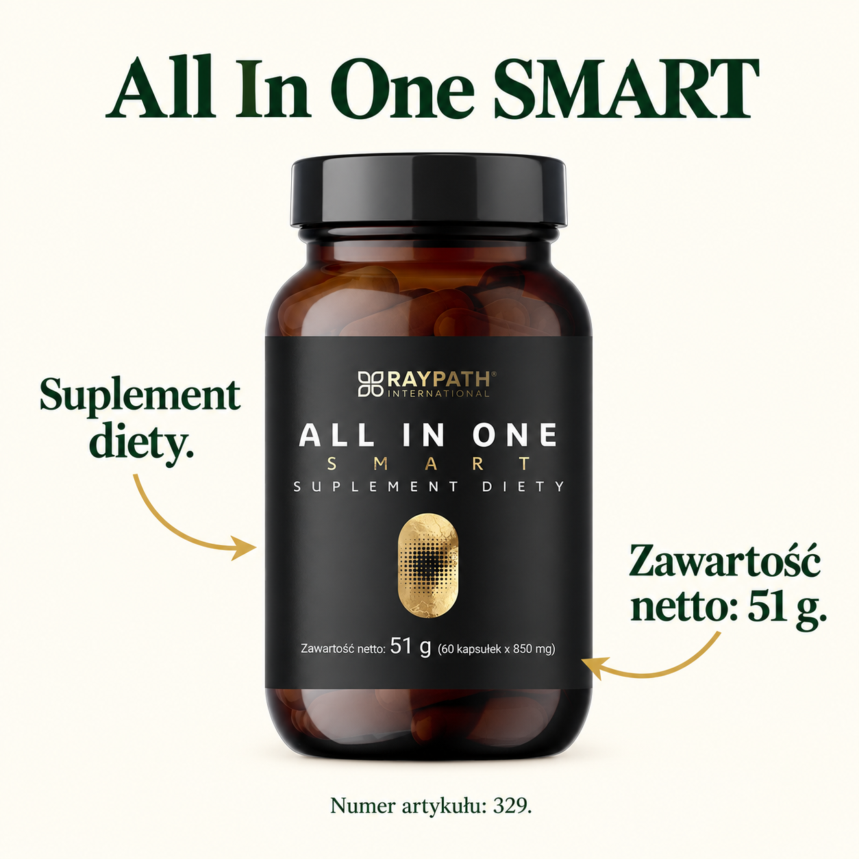 All In One SMART — 51 g, 329. Grafika z podpisami widocznych elementów produktu.