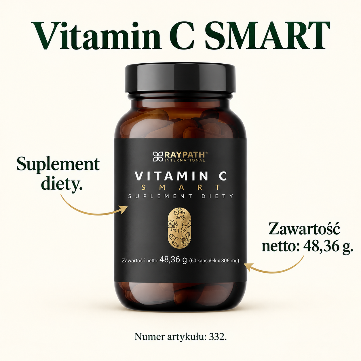 Vitamin C SMART — 48,36 g, 332. Grafika z podpisami widocznych elementów produktu.