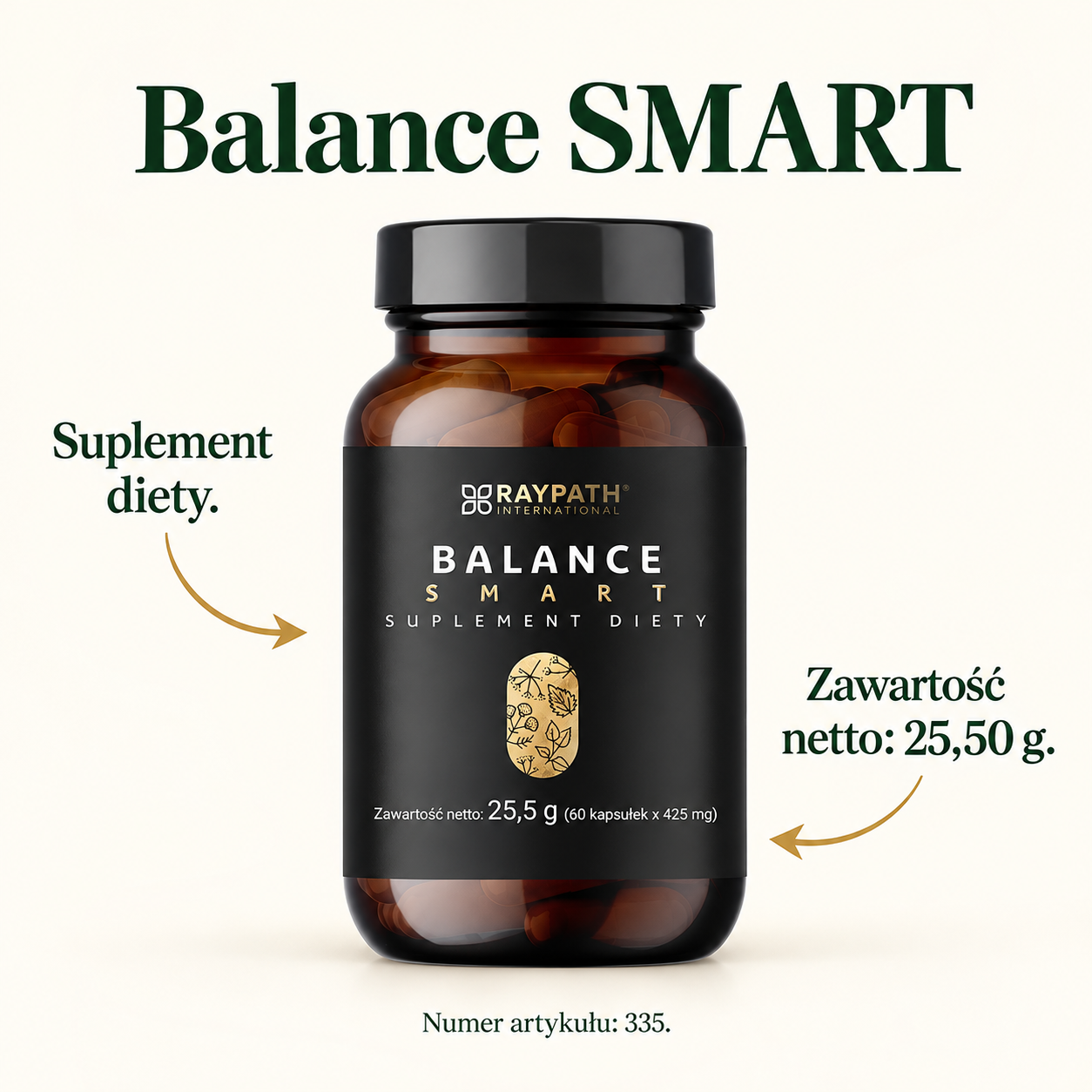 Balance SMART. 25,50 g, 335. Graphic with labels identifying visible product features.