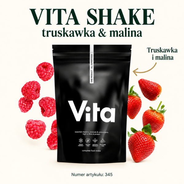 VITA SHAKE truskawka&malina — 345. Grafika z podpisami widocznych elementów produktu.
