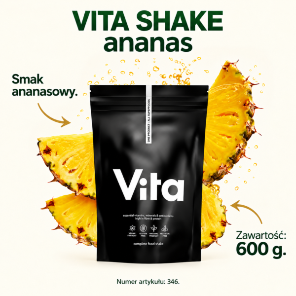 VITA SHAKE ananas — grafika z opisem VITA SHAKE ananas — 600 g, 346. Grafika z podpisami widocznych elementów produktu.