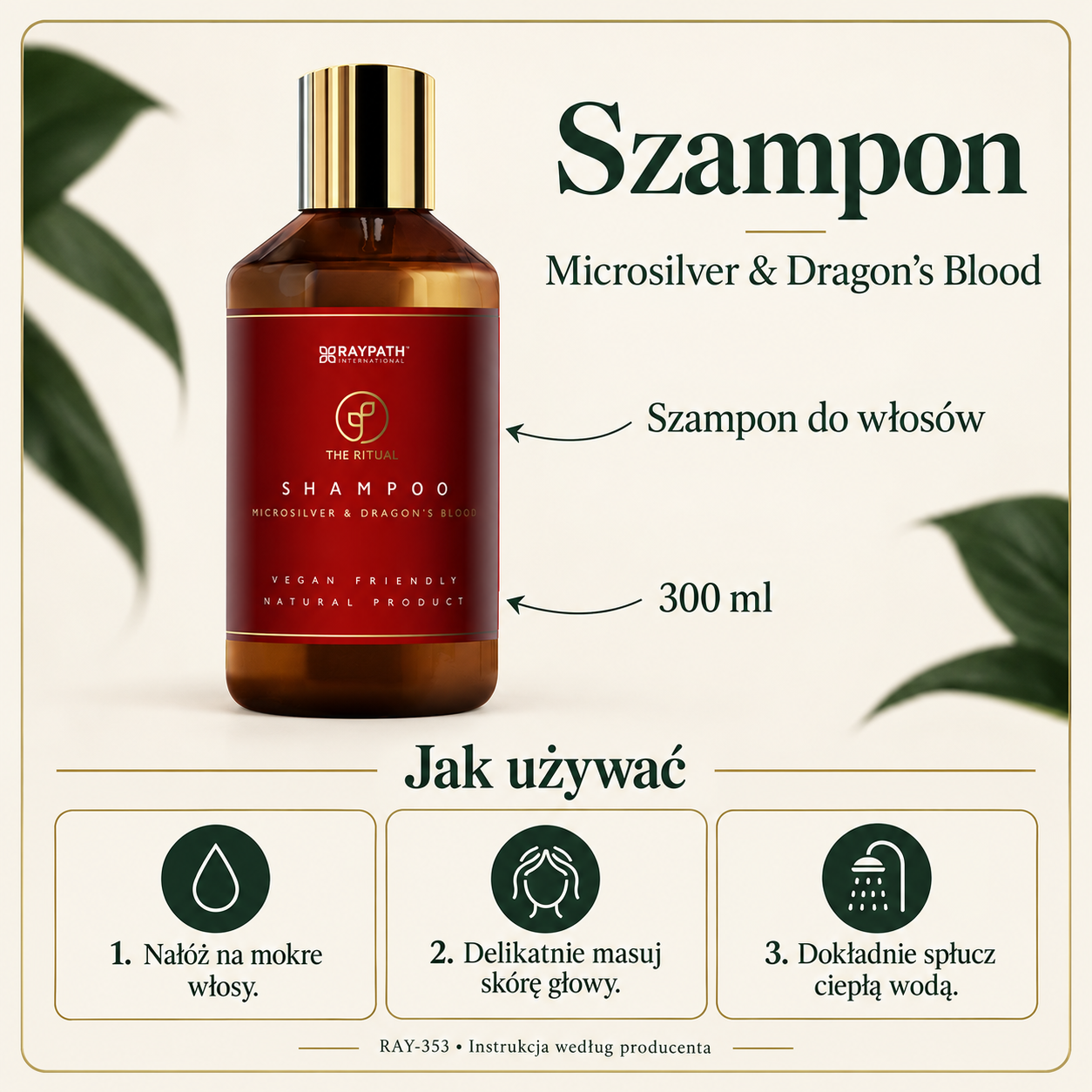 Microsilver & Dragon’s Blood Shampoo 300ml. Volume 300 ml and three steps: apply to wet hair, gently massage the scalp, and rinse thoroughly with warm water.