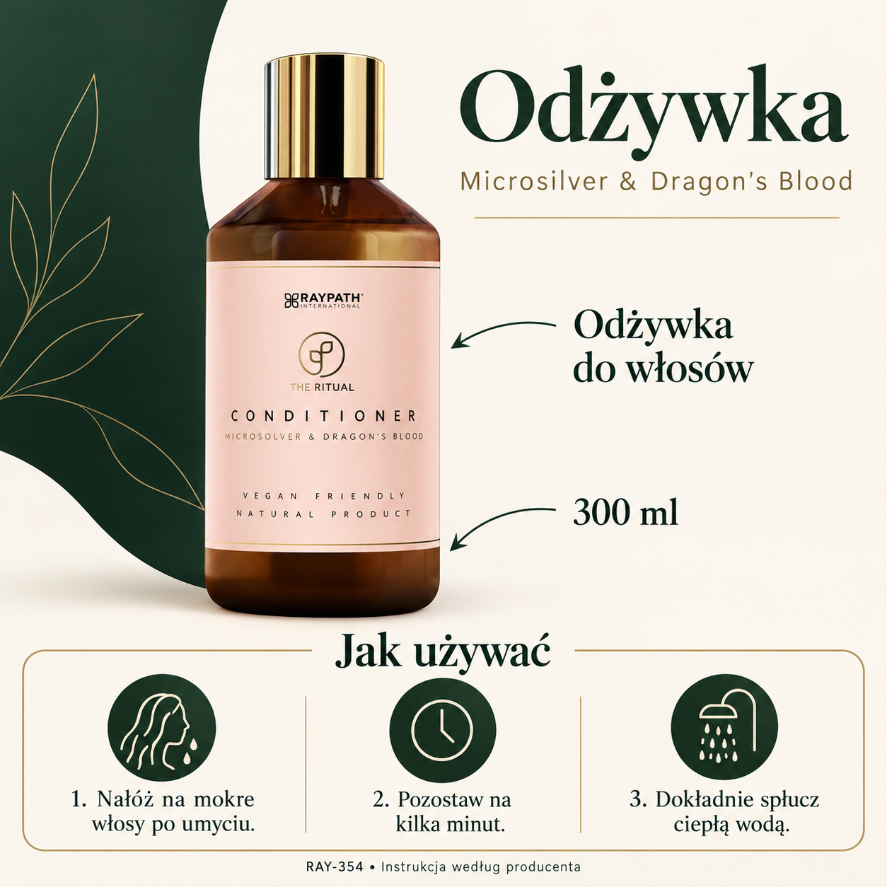 Odżywka Microsilver & Dragon’s Blood 300ml — pojemność 300 ml i trzy kroki użycia: Nałóż na mokre włosy po umyciu. Pozostaw na kilka minut. Dokładnie spłucz ciepłą wodą.