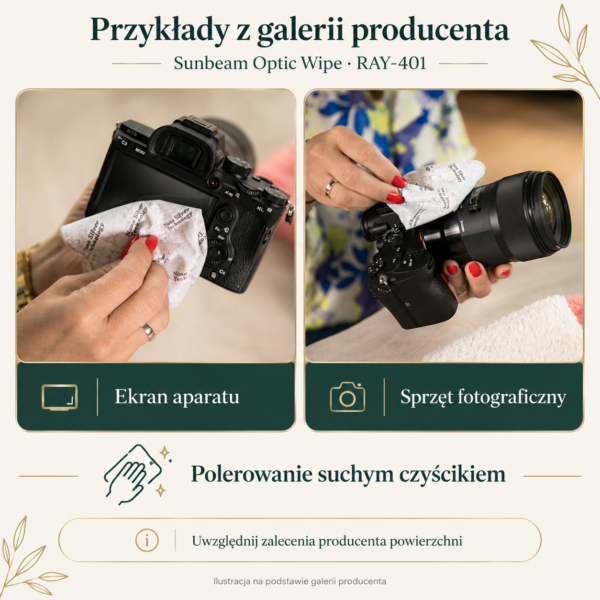 Czyścik Sunbeam Optic Wipe — przykłady zastosowań Czyścik Sunbeam Optic Wipe — przykłady zastosowań. Ilustracja na podstawie galerii producenta.