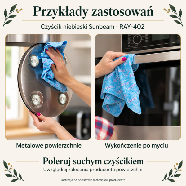 Czyścik niebieski Sunbeam — przykłady zastosowań. Ilustracja na podstawie galerii producenta.