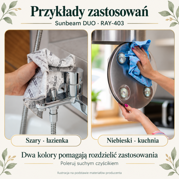 Czyścik Sunbeam DUO — przykłady zastosowań Czyścik Sunbeam DUO — przykłady zastosowań. Ilustracja na podstawie galerii producenta.