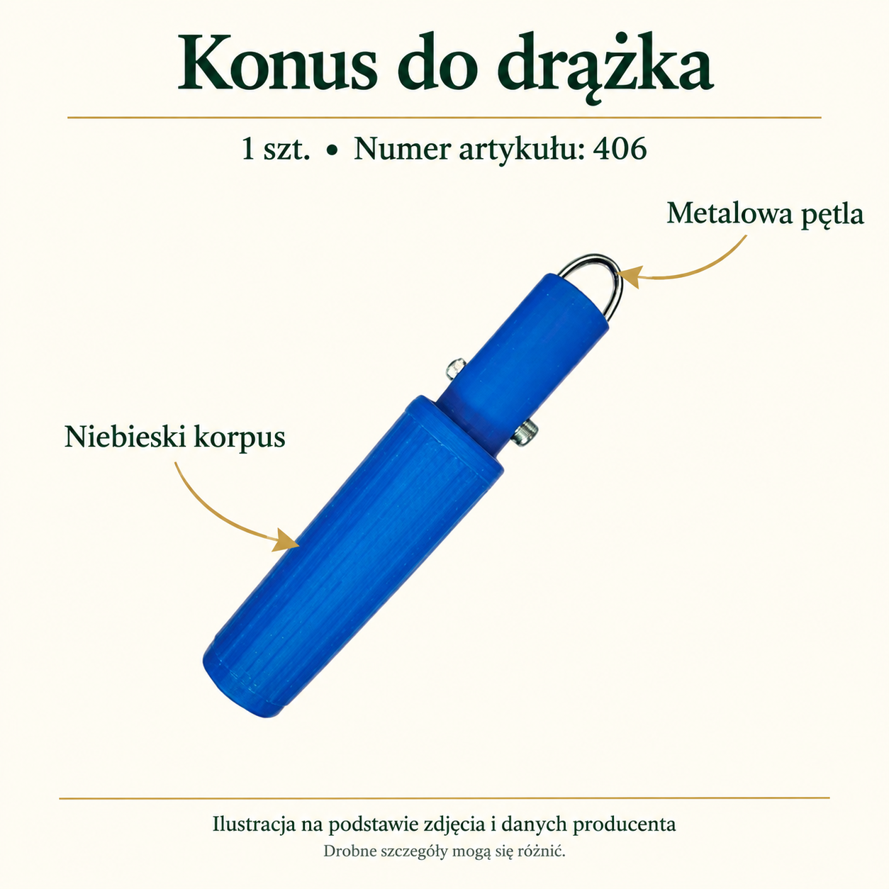 Konus do drążka — 1 szt, Numer artykułu: 406. Grafika z podpisami widocznych elementów produktu.