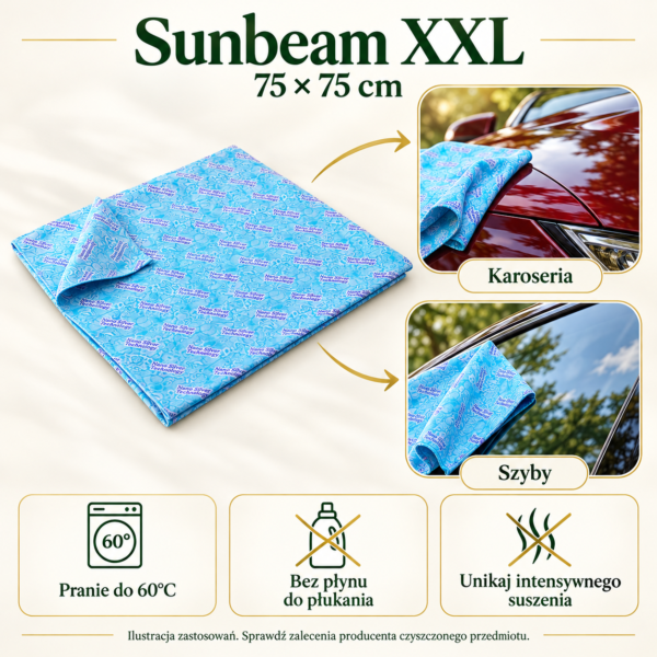 Czyścik niebieski Sunbeam XXL — przykłady zastosowań i pielęgnacja. Ilustracja na podstawie materiałów producenta.