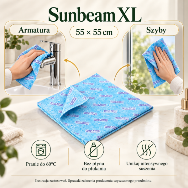 Czyścik niebieski Sunbeam XL — ilustracja zastosowań Czyścik niebieski Sunbeam XL — przykłady zastosowań i pielęgnacja. Ilustracja na podstawie materiałów producenta.