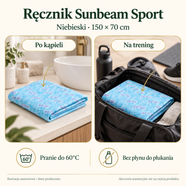 Ręcznik niebieski Sunbeam Sport 150x70cm — przykłady zastosowań i pielęgnacja. Ilustracja na podstawie materiałów producenta.