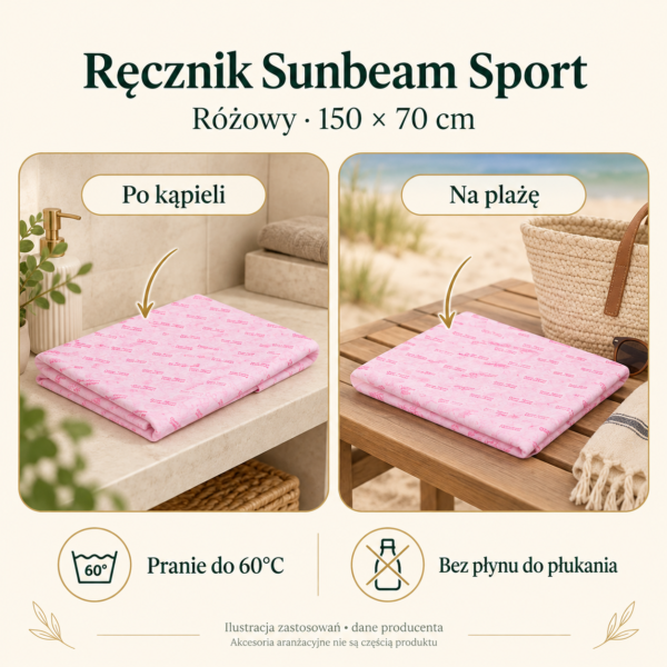 Ręcznik różowy Sunbeam SPORT 150x70cm — zastosowania, ilustracja Ręcznik różowy Sunbeam SPORT 150x70cm — przykłady zastosowań i pielęgnacja. Ilustracja na podstawie materiałów producenta.