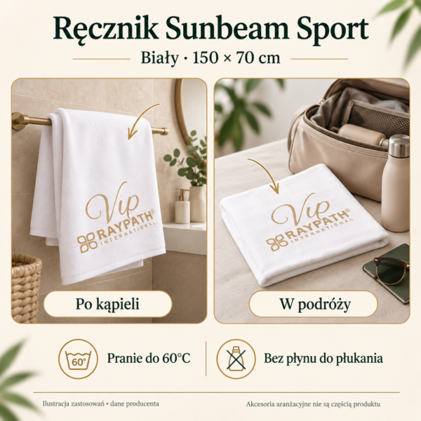 Ręcznik biały Sunbeam SPORT 150x70cm — przykłady zastosowań i pielęgnacja. Ilustracja na podstawie materiałów producenta.