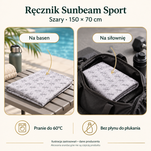 Ręcznik szary Sunbeam Sport 150x70cm — zastosowania, ilustracja Ręcznik szary Sunbeam Sport 150x70cm — przykłady zastosowań i pielęgnacja. Ilustracja na podstawie materiałów producenta.