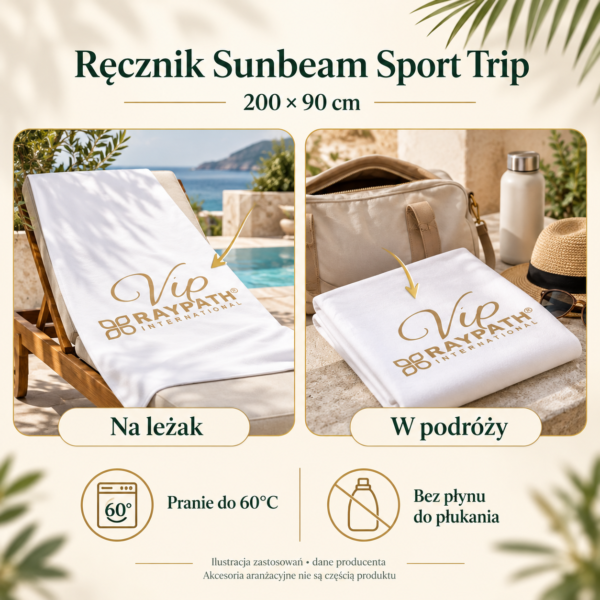 Ręcznik Sunbeam Sport Trip 200×90 cm — przykłady zastosowań i pielęgnacja. Ilustracja na podstawie materiałów producenta.