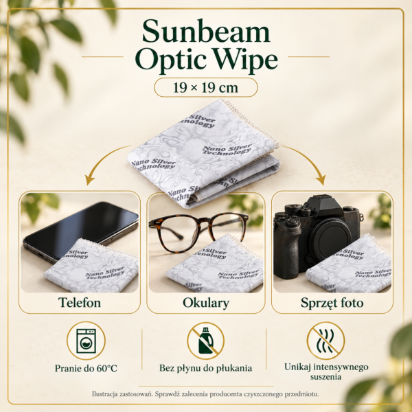 Czyścik Sunbeam Optic Wipe szary — ilustracja zastosowań Czyścik Sunbeam Optic Wipe szary — przykłady zastosowań i pielęgnacja. Ilustracja na podstawie materiałów producenta.