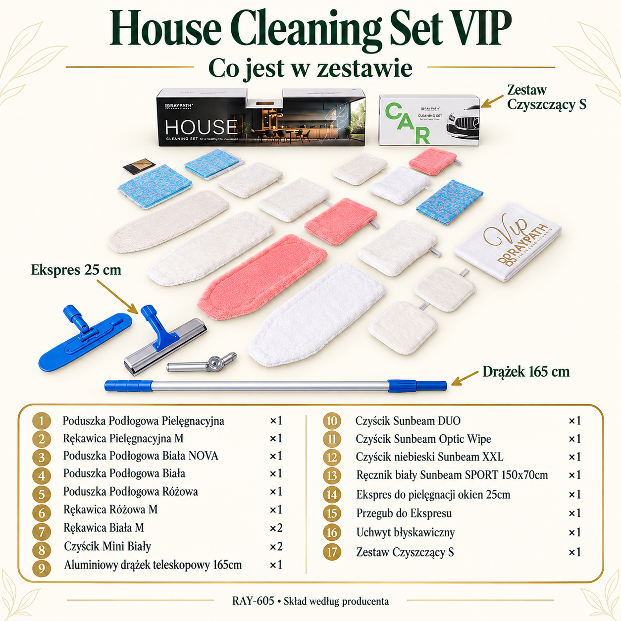 House Cleaning Set – Zestaw Promocyjny VIP — skład zestawu: Poduszka Podłogowa Pielęgnacyjna, Rękawica Pielęgnacyjna M, Poduszka Podłogowa Biała NOVA, Poduszka Podłogowa Biała, Poduszka Podłogowa Różowa, Rękawica Różowa M, Rękawica Biała M x2, Czyścik Mini Biały x2, Aluminiowy drążek teleskopowy 165cm, Czyścik Sunbeam DUO, Czyścik Sunbeam Optic Wipe, Czyścik niebieski Sunbeam XXL, Ręcznik biały Sunbeam SPORT 150x70cm, Ekspres do pielęgnacji okien 25cm, Przegub do Ekspresu, Uchwyt błyskawiczny, Zestaw Czyszczący S.