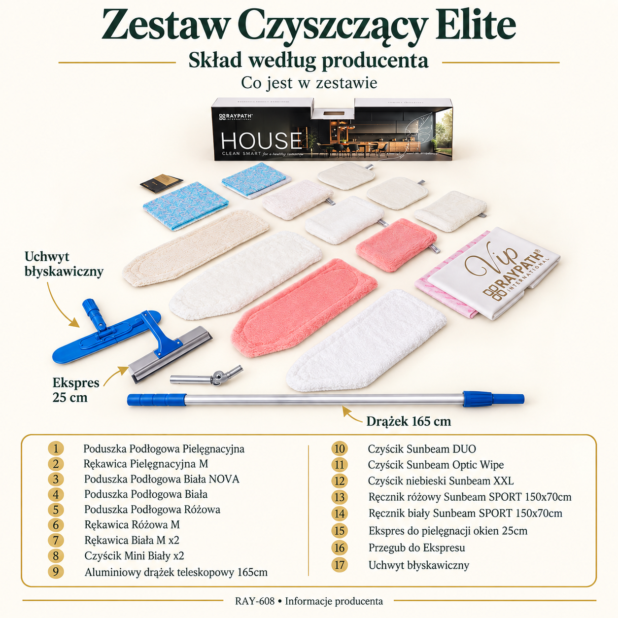 Zestaw Promocyjny – Czyszczący Elite — skład zestawu: Poduszka Podłogowa Pielęgnacyjna, Rękawica Pielęgnacyjna M, Poduszka Podłogowa Biała NOVA, Poduszka Podłogowa Biała, Poduszka Podłogowa Różowa, Rękawica Różowa M, Rękawica Biała M x2, Czyścik Mini Biały x2, Aluminiowy drążek teleskopowy 165cm, Czyścik Sunbeam DUO, Czyścik Sunbeam Optic Wipe, Czyścik niebieski Sunbeam XXL, Ręcznik różowy Sunbeam SPORT 150x70cm, Ręcznik biały Sunbeam SPORT 150x70cm, Ekspres do pielęgnacji okien 25cm, Przegub do Ekspresu, Uchwyt błyskawiczny.