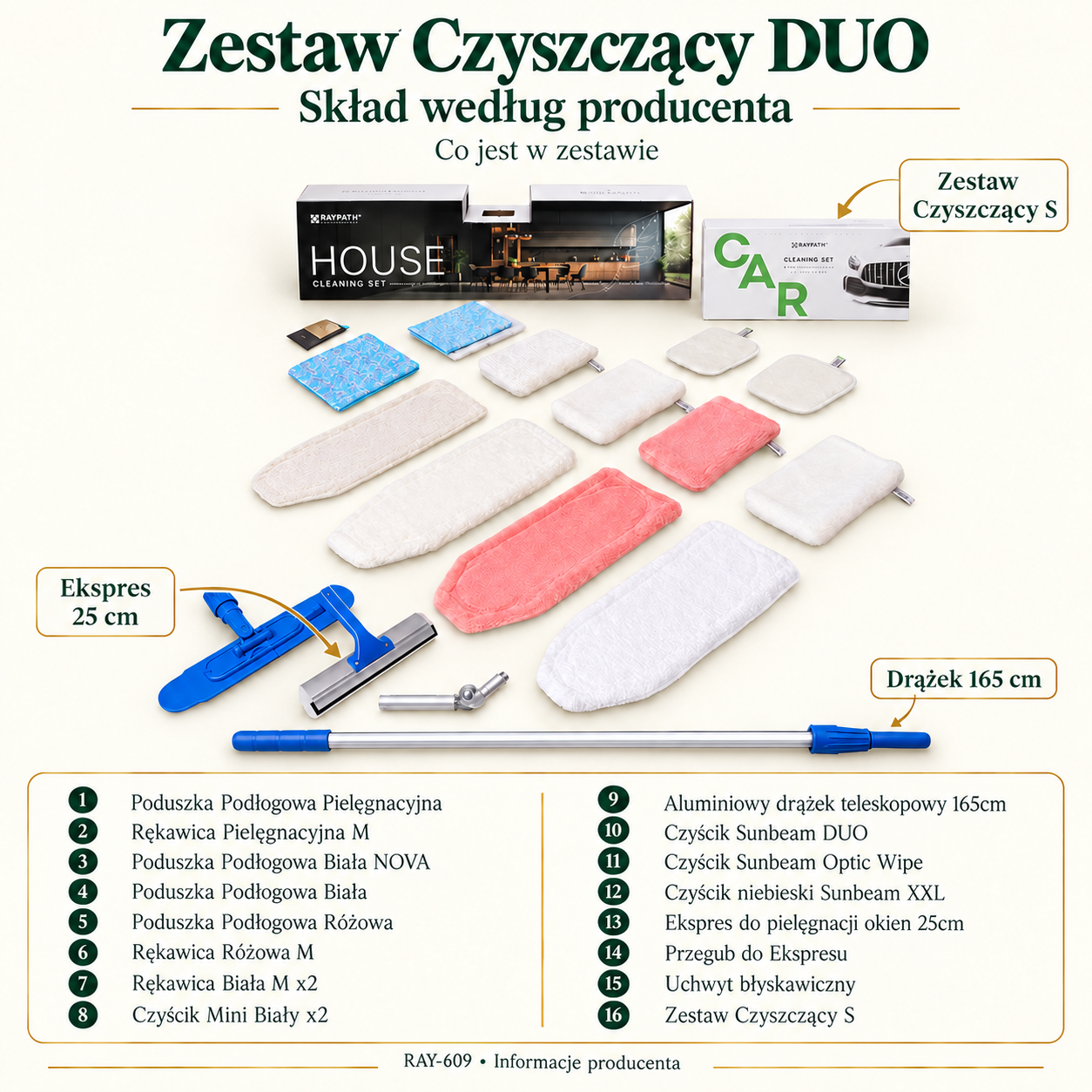 Zestaw Promocyjny – Czyszczący DUO — skład zestawu: Poduszka Podłogowa Pielęgnacyjna, Rękawica Pielęgnacyjna M, Poduszka Podłogowa Biała NOVA, Poduszka Podłogowa Biała, Poduszka Podłogowa Różowa, Rękawica Różowa M, Rękawica Biała M x2, Czyścik Mini Biały x2, Aluminiowy drążek teleskopowy 165cm, Czyścik Sunbeam DUO, Czyścik Sunbeam Optic Wipe, Czyścik niebieski Sunbeam XXL, Ekspres do pielęgnacji okien 25cm, Przegub do Ekspresu, Uchwyt błyskawiczny, Zestaw Czyszczący S.