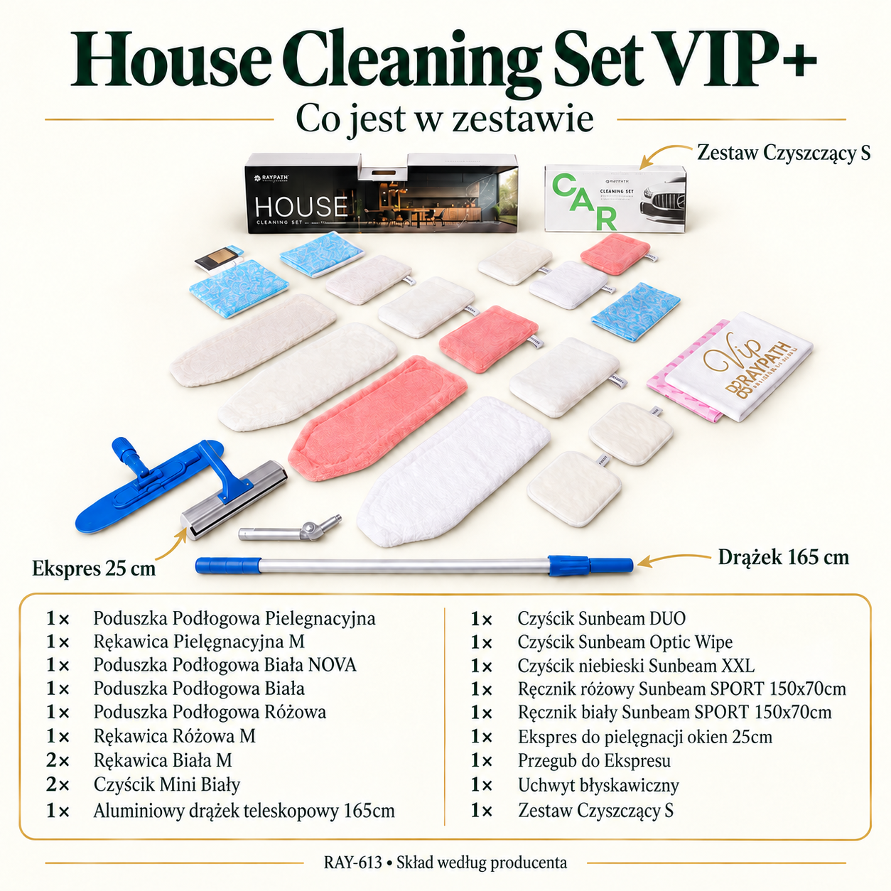 House Cleaning Set – Zestaw Promocyjny VIP+ — skład zestawu: Poduszka Podłogowa Pielęgnacyjna, Rękawica Pielęgnacyjna M, Poduszka Podłogowa Biała NOVA, Poduszka Podłogowa Biała, Poduszka Podłogowa Różowa, Rękawica Różowa M, Rękawica Biała M x2, Czyścik Mini Biały x2, Aluminiowy drążek teleskopowy 165cm, Czyścik Sunbeam DUO, Czyścik Sunbeam Optic Wipe, Czyścik niebieski Sunbeam XXL, Ręcznik różowy Sunbeam SPORT 150x70cm, Ręcznik biały Sunbeam SPORT 150x70cm, Ekspres do pielęgnacji okien 25cm, Przegub do Ekspresu, Uchwyt błyskawiczny, Zestaw Czyszczący S.