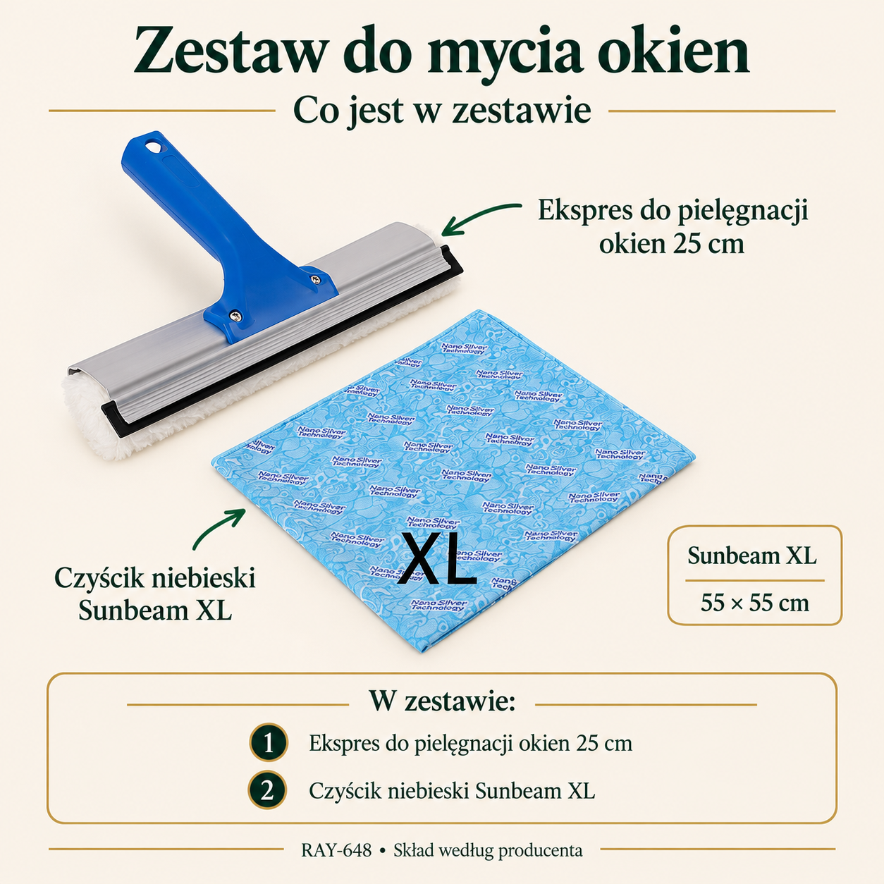 Zestaw do mycia okien (SUNBEAM 55×55 cm) — skład zestawu: Czyścik niebieski Sunbeam XL, Ekspres do pielęgnacji okien 25 cm. Sunbeam XL 55 × 55 cm