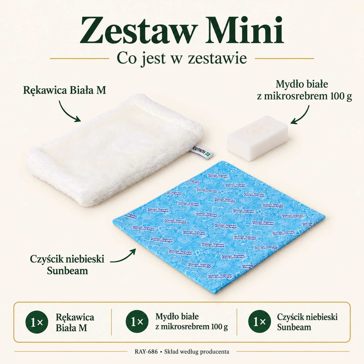 Mini Set. Set contents: White Glove M, White Microsilver Soap 100 g, Blue Sunbeam Cleaning Cloth.