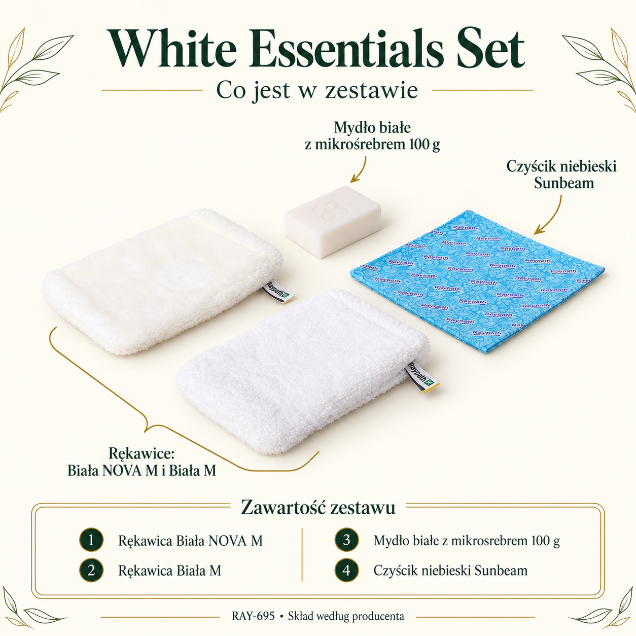 White Essentials Set contents: White NOVA Glove M, White Glove M, White Soap with Microsilver 100 g, Blue Sunbeam Cloth.