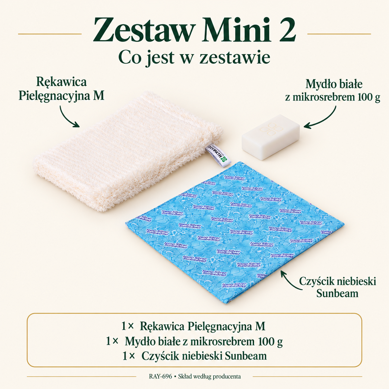 Mini Set 2. Set contents: Care Glove M, White Microsilver Soap 100 g, Blue Sunbeam Cleaning Cloth.