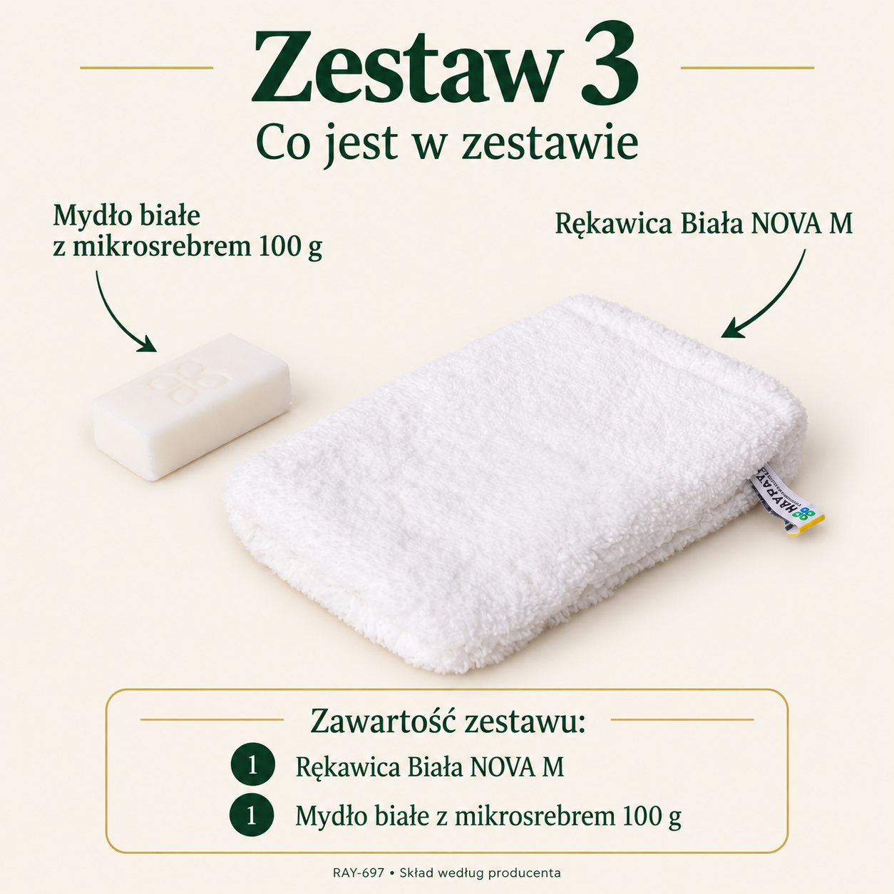 Set 3: set contents: White NOVA Glove M, White microsilver soap 100 g.