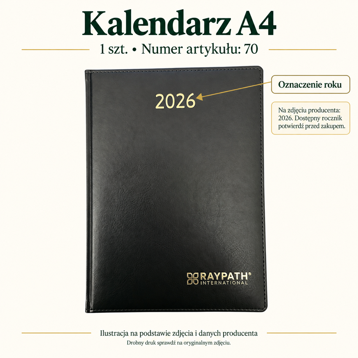 Kalendarz A4 — 1 szt, Numer artykułu: 70. Grafika z podpisami widocznych elementów produktu.