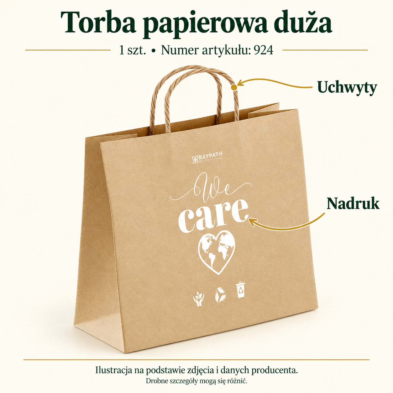 Large Paper Bag. 1 piece, article number: 924. Graphic with labels identifying visible product features.