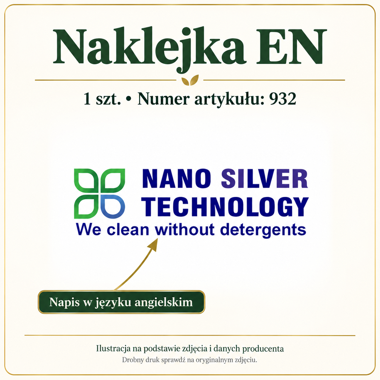 Sticker We clean without detergents — 1 szt, Numer artykułu: 932. Grafika z podpisami widocznych elementów produktu.