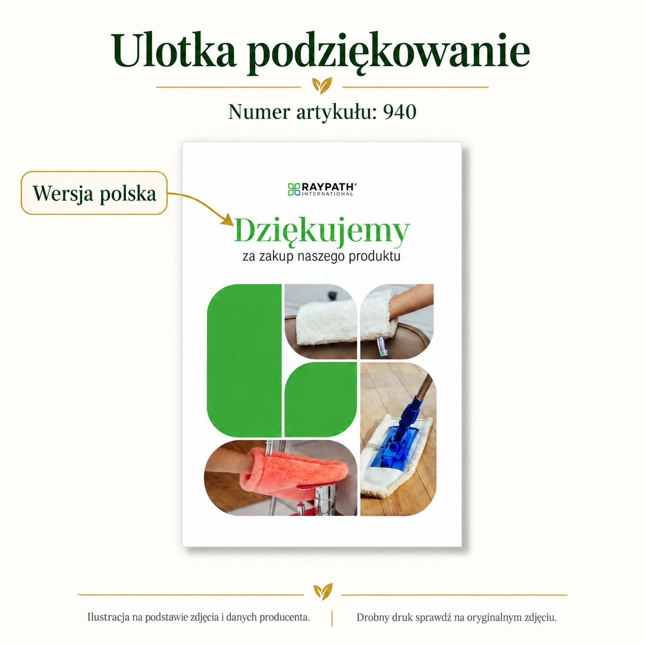 Ulotka podziękowanie — Numer artykułu: 940. Grafika z podpisami widocznych elementów produktu.