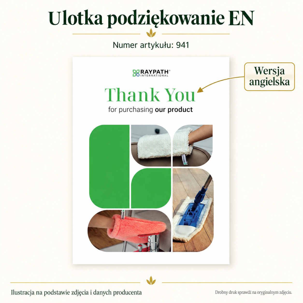Ulotka podziękowanie EN — Numer artykułu: 941. Grafika z podpisami widocznych elementów produktu.