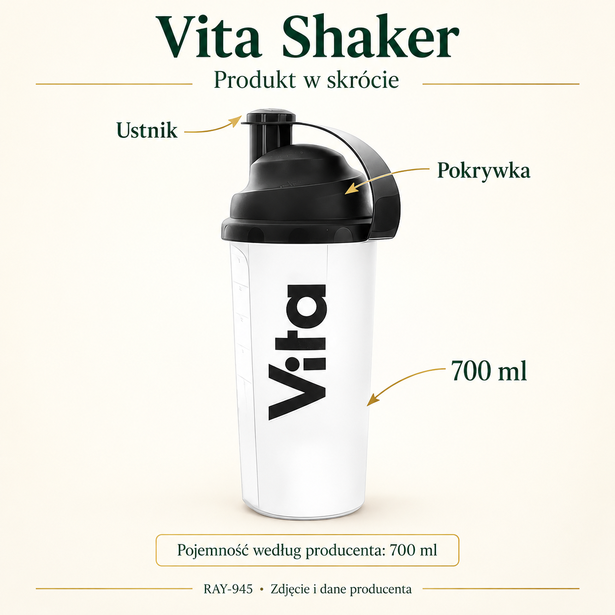 Vita Shaker — 700 ml. Grafika z podpisami widocznych elementów produktu.