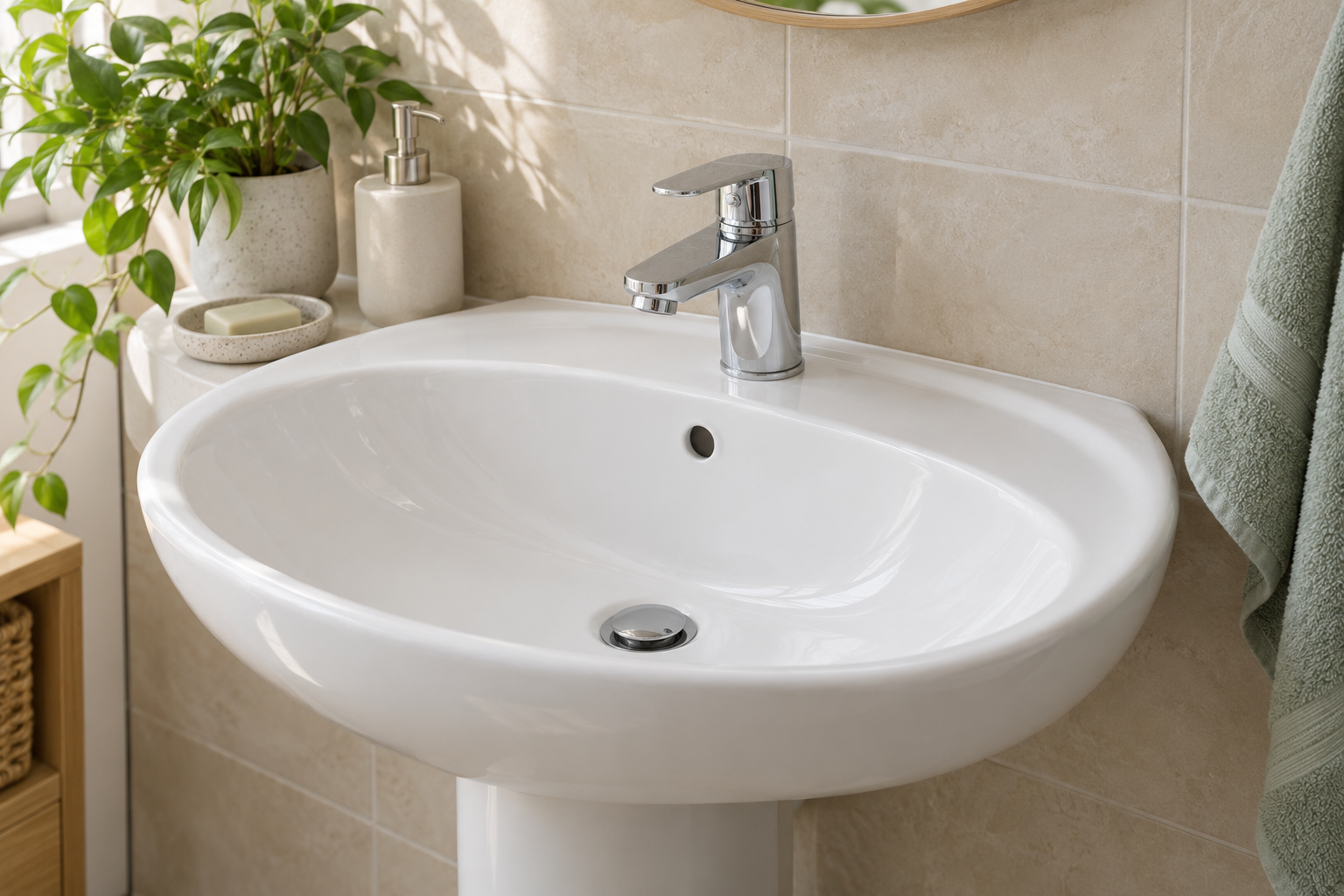 White ceramic washbasin in a bright bathroom