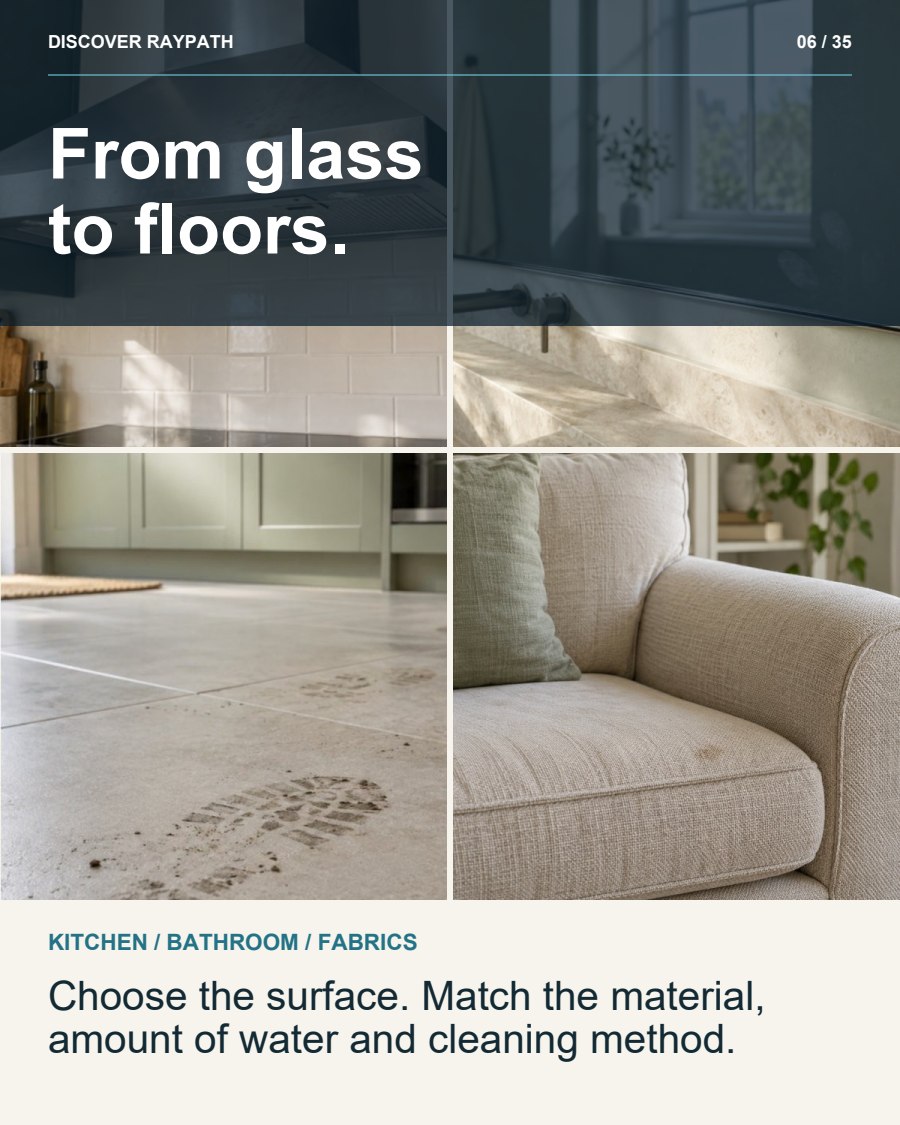 6/35. From glass to floors.. KITCHEN / BATHROOM / FABRICS. Choose the surface. Match the material, amount of water and cleaning method.