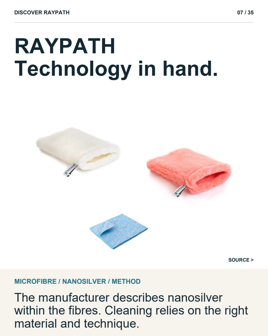 7/35. RAYPATH Technology in hand.. MICROFIBRE / NANOSILVER / METHOD. The manufacturer describes nanosilver within the fibres. Cleaning relies on the right material and technique.