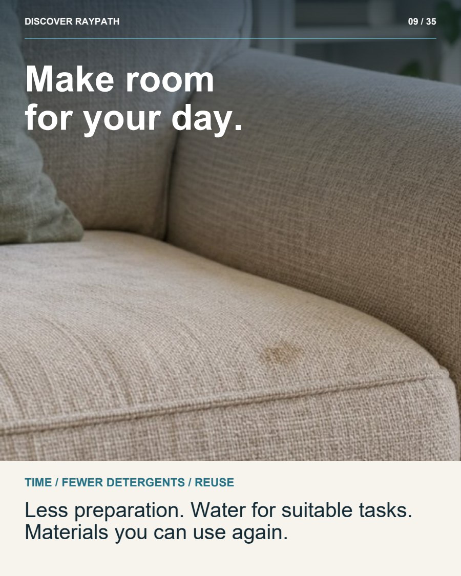 9/35. Make room for your day.. TIME / FEWER DETERGENTS / REUSE. Less preparation. Water for suitable tasks. Materials you can use again.