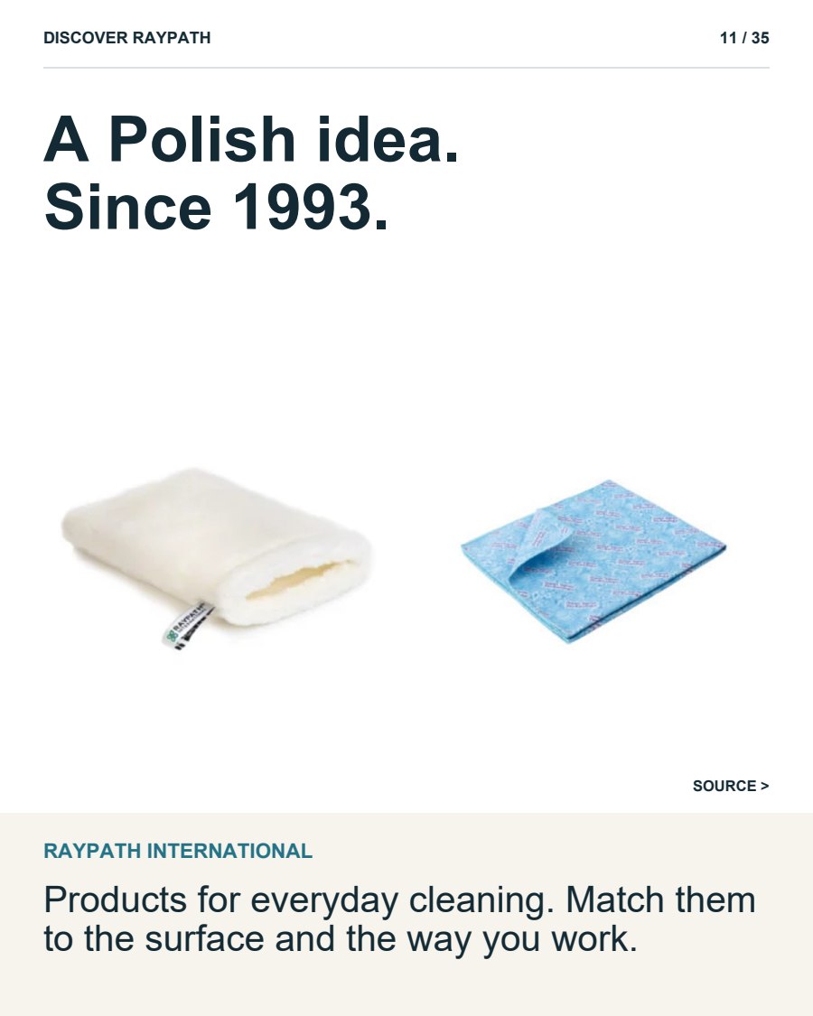 11/35. A Polish idea. Since 1993.. RAYPATH INTERNATIONAL. Products for everyday cleaning. Match them to the surface and the way you work.