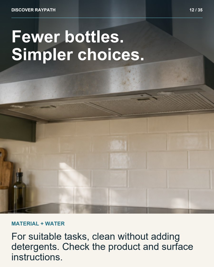 12/35. Fewer bottles. Simpler choices.. MATERIAL + WATER. For suitable tasks, clean without adding detergents. Check the product and surface instructions.