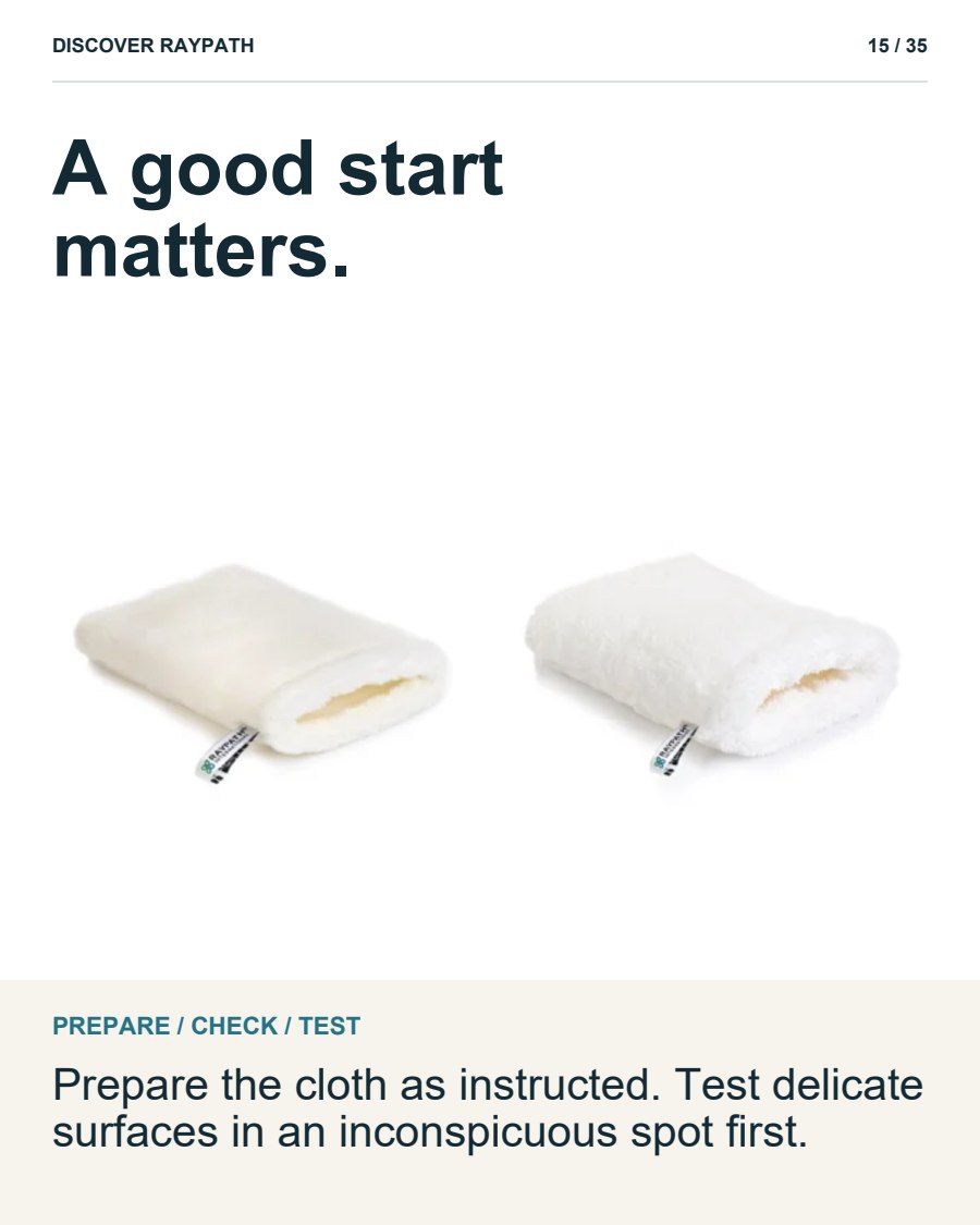 15/35. A good start matters.. PREPARE / CHECK / TEST. Prepare the cloth as instructed. Test delicate surfaces in an inconspicuous spot first.