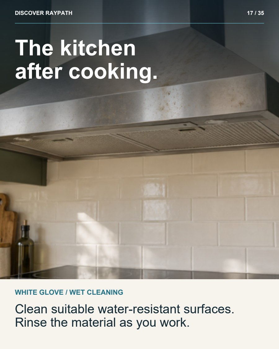 17/35. The kitchen after cooking.. WHITE GLOVE / WET CLEANING. Clean suitable water-resistant surfaces. Rinse the material as you work.