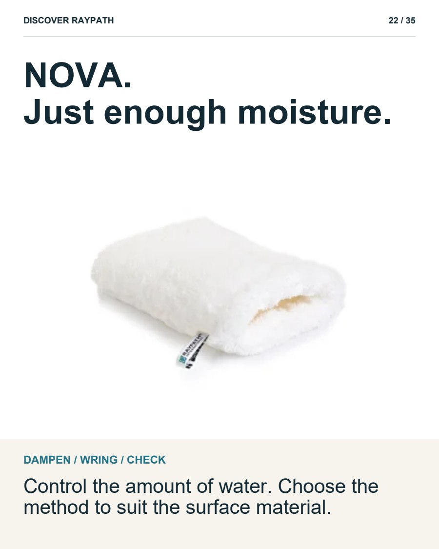 22/35. NOVA. Just enough moisture.. DAMPEN / WRING / CHECK. Control the amount of water. Choose the method to suit the surface material.