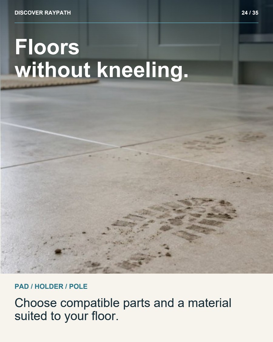 24/35. Floors without kneeling.. PAD / HOLDER / POLE. Choose compatible parts and a material suited to your floor.