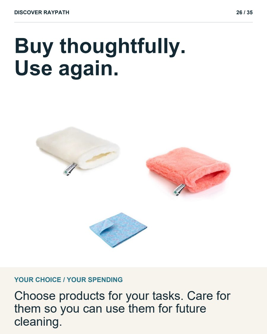 26/35. Buy thoughtfully. Use again.. YOUR CHOICE / YOUR SPENDING. Choose products for your tasks. Care for them so you can use them for future cleaning.