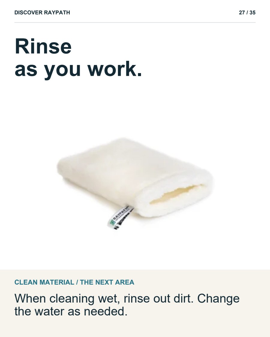 27/35. Rinse as you work.. CLEAN MATERIAL / THE NEXT AREA. When cleaning wet, rinse out dirt. Change the water as needed.