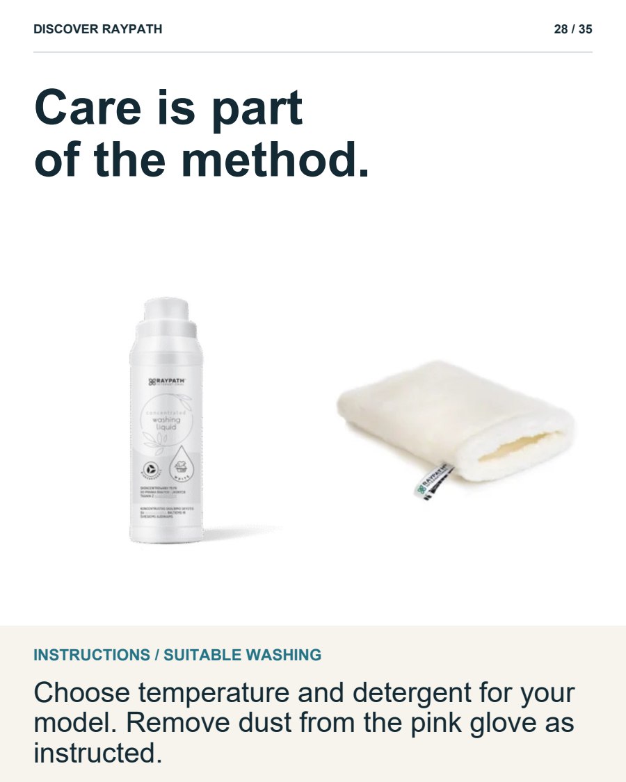 28/35. Care is part of the method.. INSTRUCTIONS / SUITABLE WASHING. Choose temperature and detergent for your model. Remove dust from the pink glove as instructed.