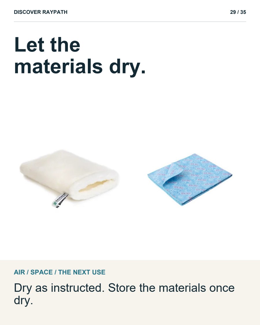 29/35. Let the materials dry.. AIR / SPACE / THE NEXT USE. Dry as instructed. Store the materials once dry.