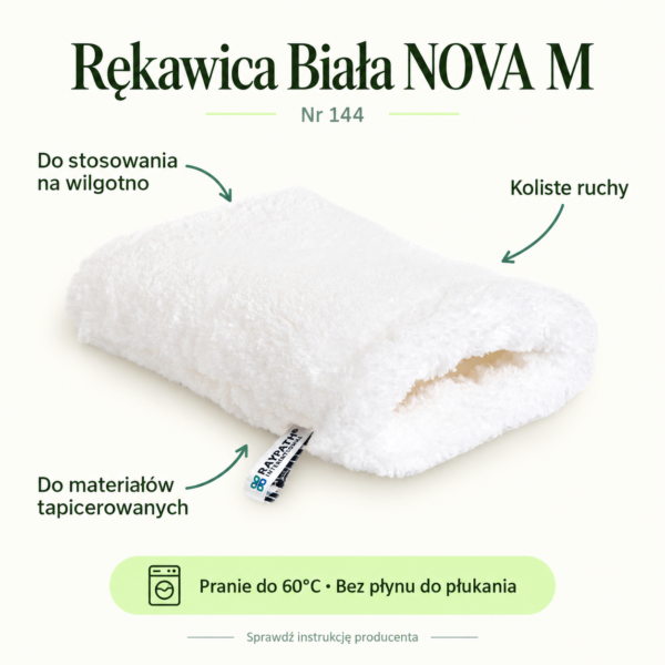 Rękawica biała NOVA M — ilustracja sposobu użycia. Do stosowania na wilgotno. Koliste ruchy. Do materiałów tapicerowanych